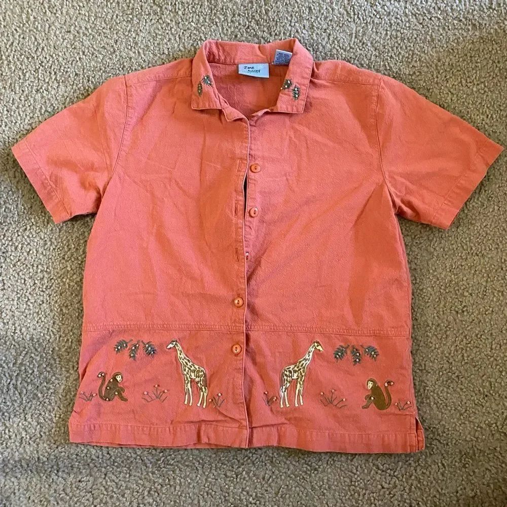 Womens Vintage Safari Monkey Giraffes Button Down Shirt